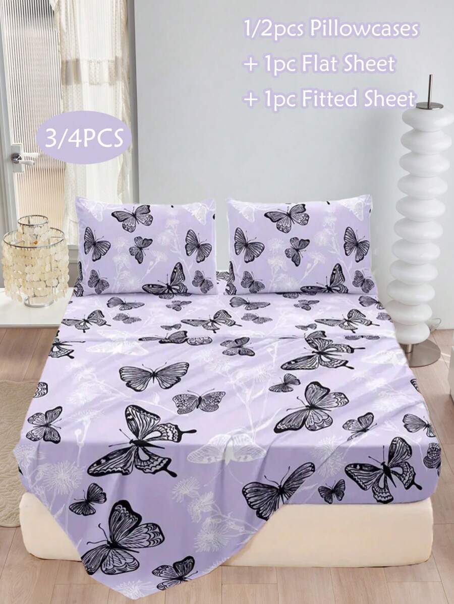 3/4pcs Purple Butterfly Pattern Print Polyester Sheet Set, Idyllic Style Soft Breathable Flat Sheet & Fitted Sheet Bedding Set For All Seasons (1 Flat Sheet+ 1 Fitted Sheet+ 1/2 Pillow Shams)