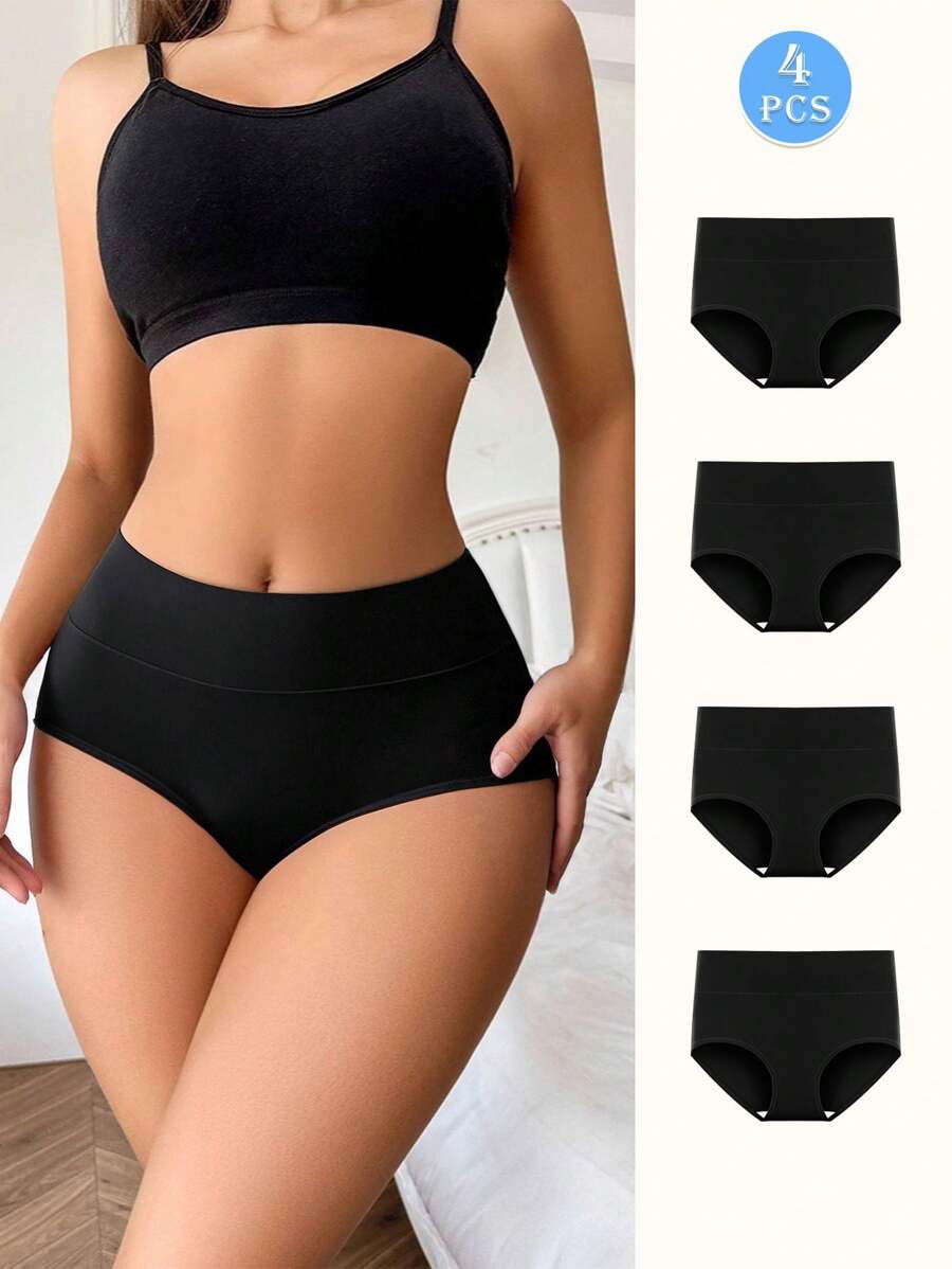 4 piezas de bragas de algodón con cintura alta y cómoda, color negro