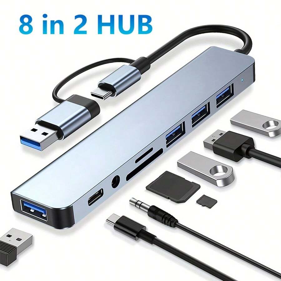 Hub USB de 8 en 2 que ahorra espacio con conector de audio, adaptador multipuerto para tabletas, alimentado por USB, voltaje de funcionamiento de 5V, compatible con tabletas