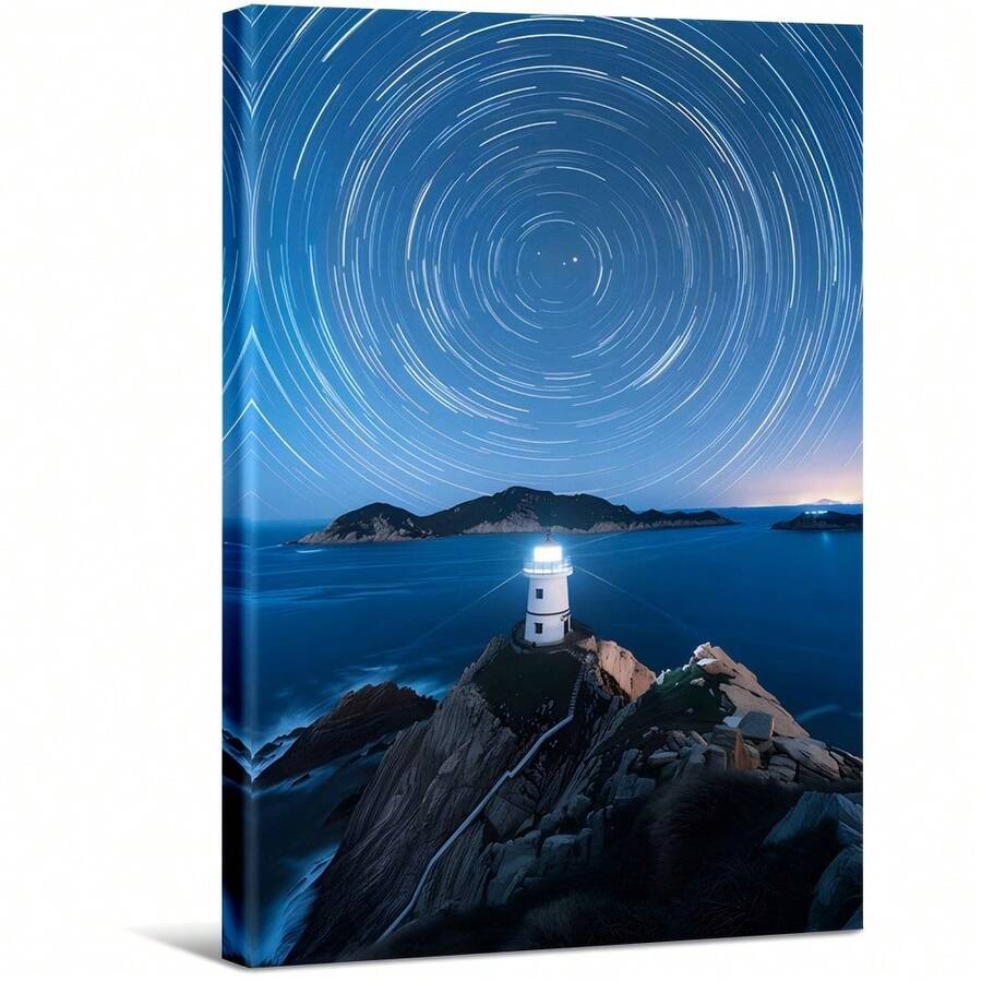 Images incroyables des phares de la nuit. Grande peinture murale encadrée en bois, décoration d'intérieur, peinture à l'huile - Chambre, salle de bain, salon, bureau, cuisine, cadeaux de Noël - 1 pièce
