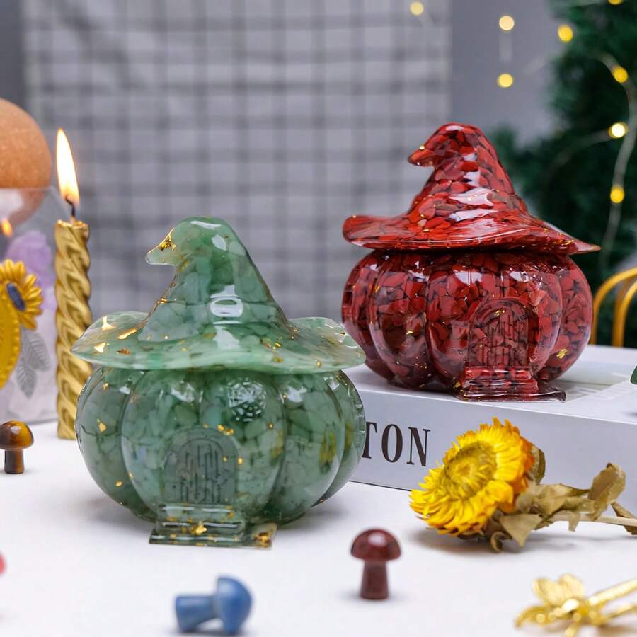 1PC Natural Crystal Gravel Pumpkin House Statue Dropper Resin Reiki Stone Fengshui Halloween Gift Witch Candy Box Home Decoration