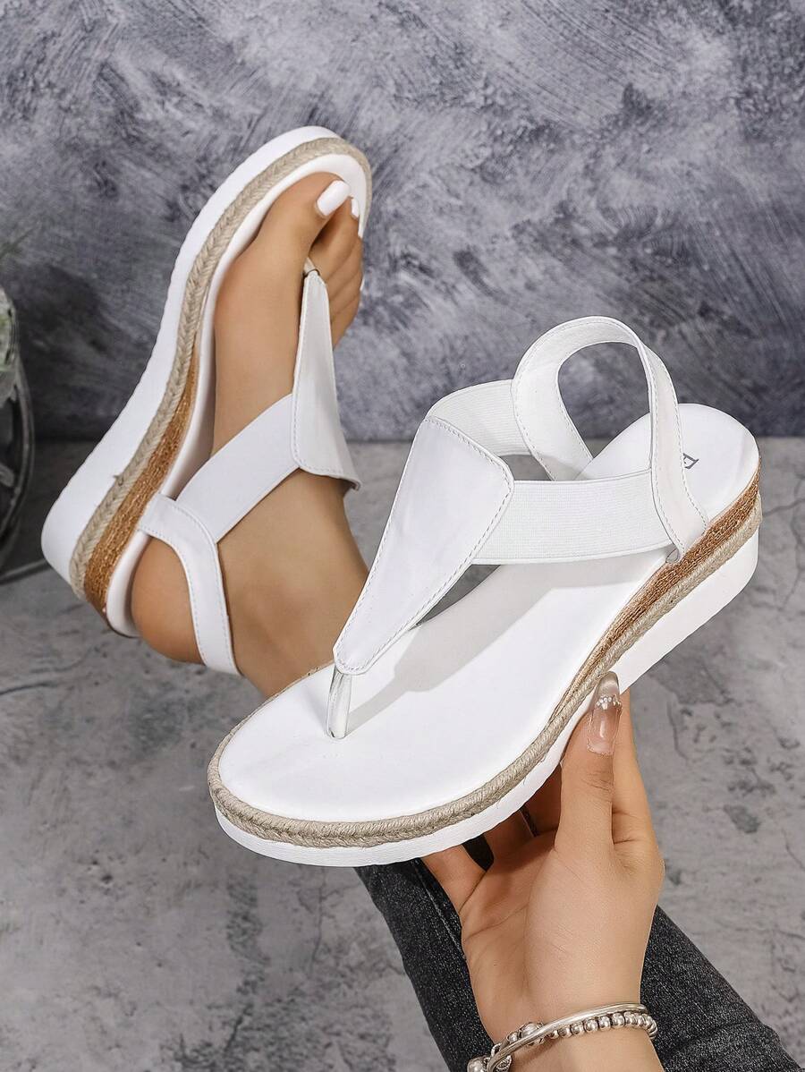 Women's Thick Sole Simple Jute Rope High Platform Waterproof Casual Beach Holiday Flip Flops, Plus Size