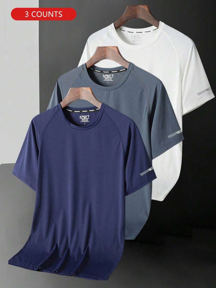 3 Stücke Herren Rundhals Kurzarm T-Shirts Set mit Buchstabenaufdruck für legere Outdoor-Sportaktivitäten (Dunkelblau + Blaugrau + Weiß)