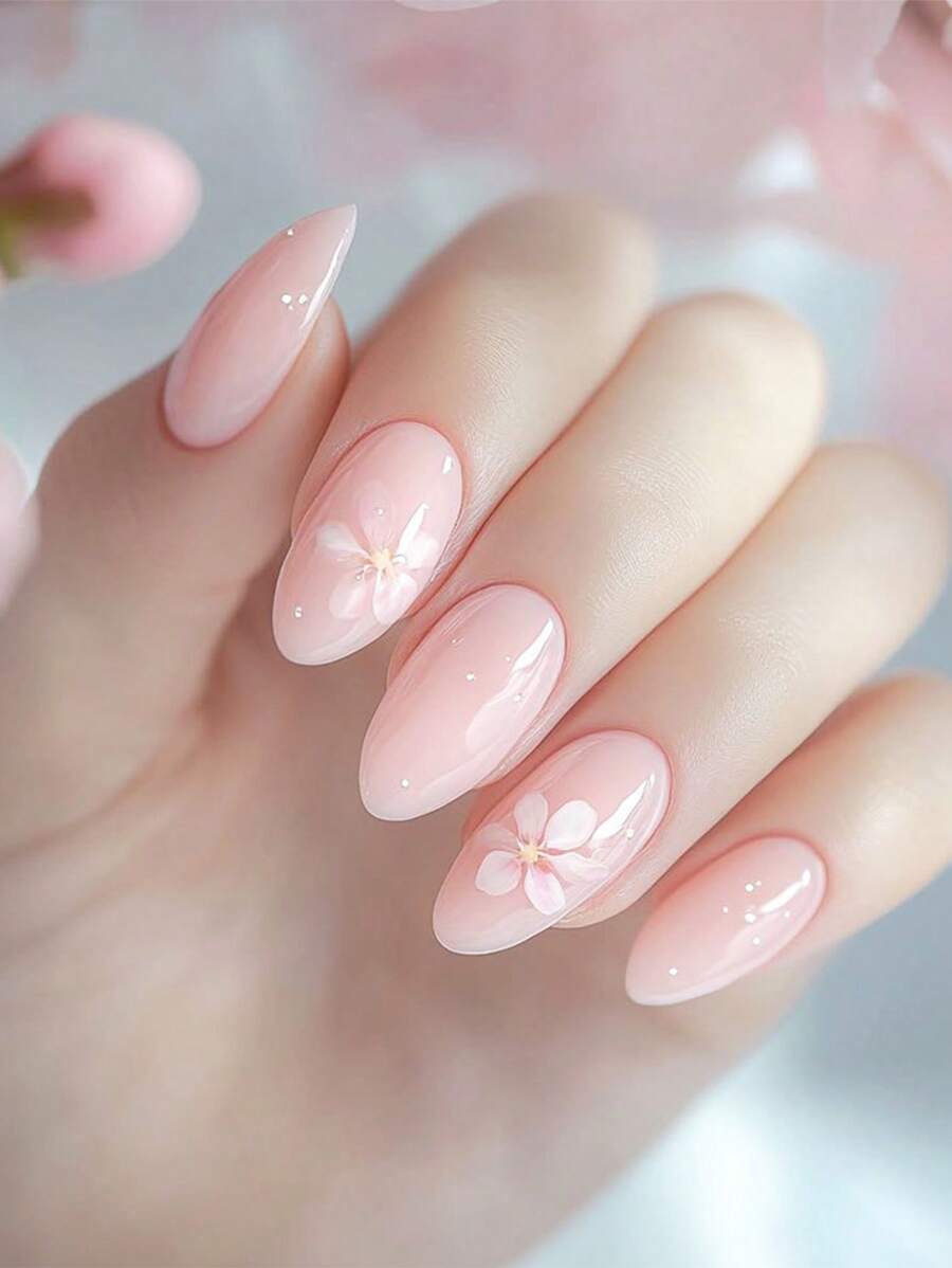 24pcs Oval Shiny Pink Floral Nail Wraps - Includes 1pc Gel Nail Polish And 1pc Nail File, Suitable For Women's Daily Nail Art Decoration