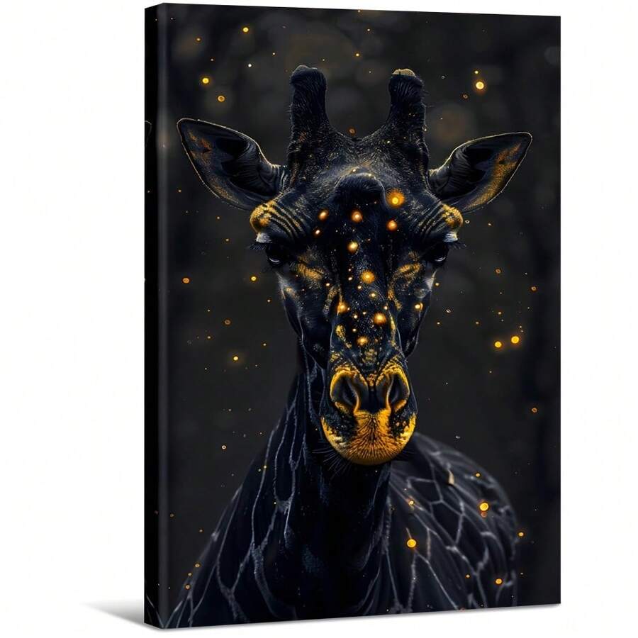 Une girafe avec des taches lumineuses sur un fond sombre. Grande peinture murale encadrée en bois, décoration d'intérieur, peinture à l'huile - Chambre, salle de bain, salon, bureau, cuisine, cadeaux de Noël - 1 pièce