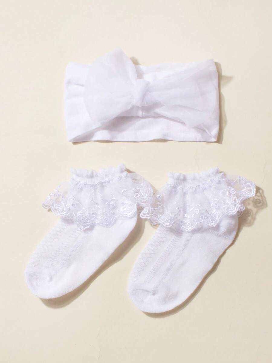1 PC Kant Strik Baby Hoofdband + 1 Paar Baby Kant Sokken, Voor 1-3 Jaar Oud, Peuter Lente En Zomer Jurk, Strik Hoofdband En Sokken, Zacht En Modieus, Geschikt Voor Foto's En Het Dagelijks Leven, Lente En Zomer Haaraccessoires