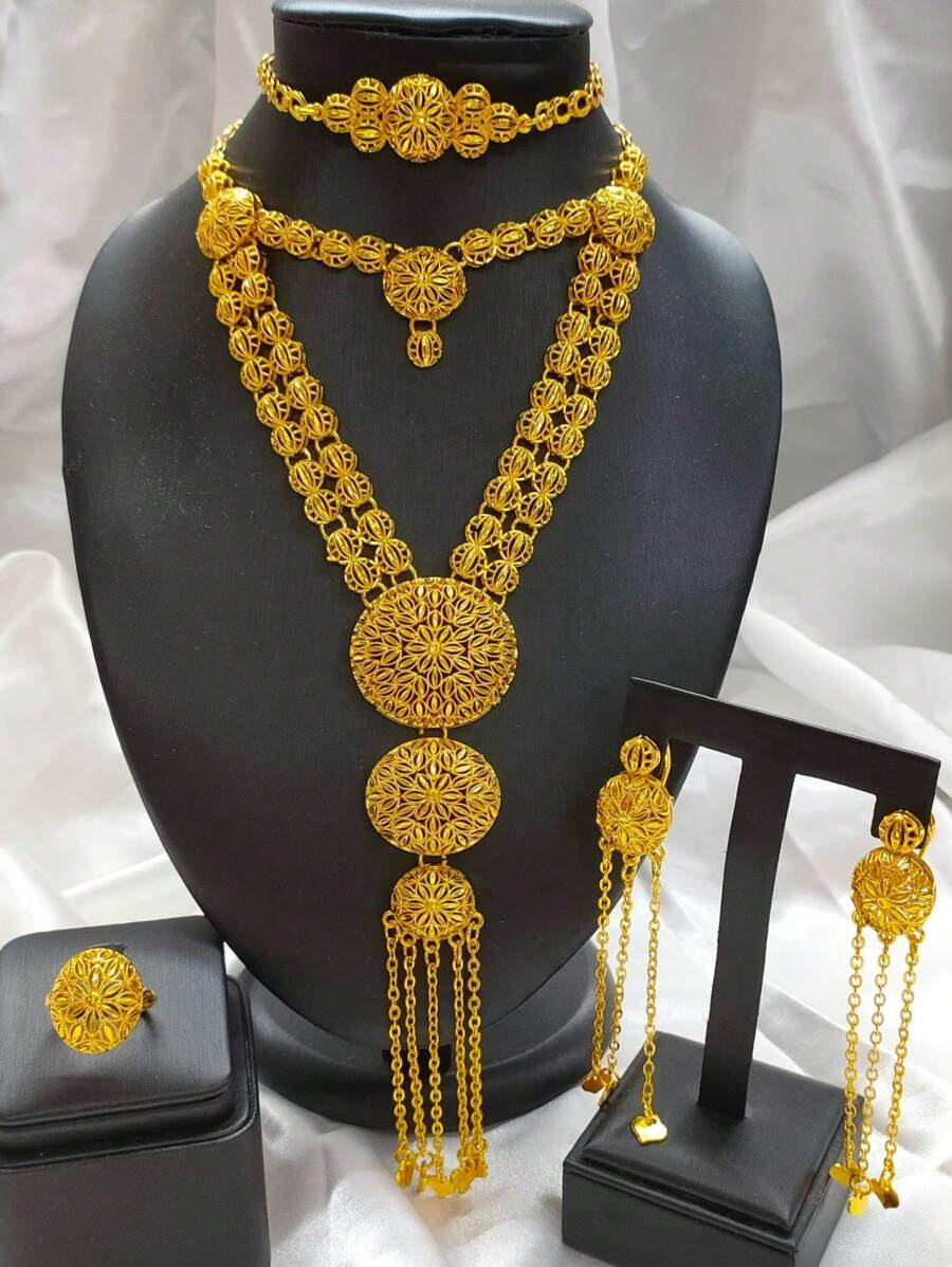4 Stücke Damen Mode Quasten Lange Halskette, Ohrringe, Armband, Ring Schmuck Set, geeignet für Europäische, Dubaiische, Afrikanische Braut, Hochzeit, Party, Date, Abendkleid Accessoires, Urlaubsgeschenk