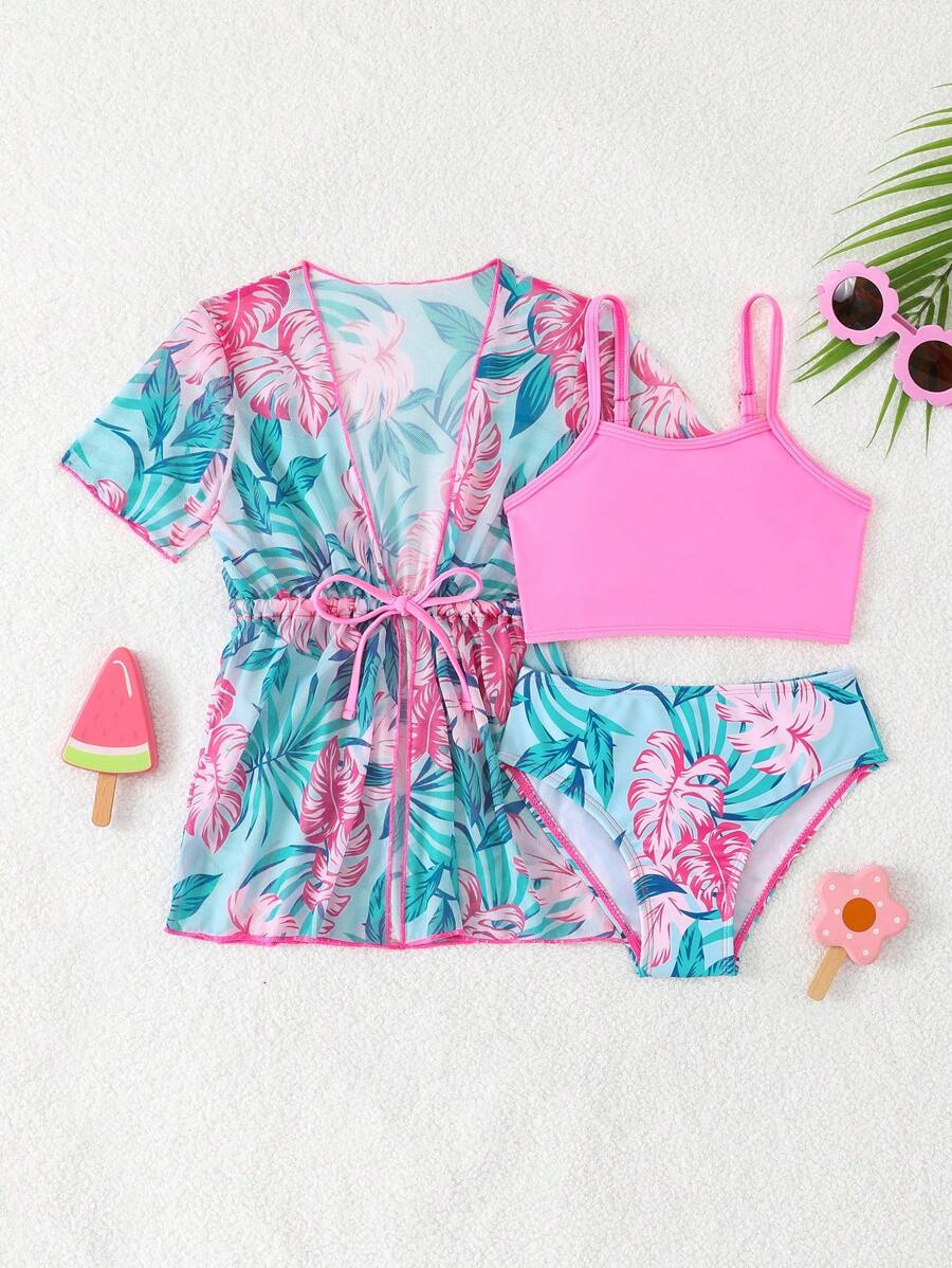 Young Girl Tropical Plant Print Swimwear Set With Kimono Cover-Up