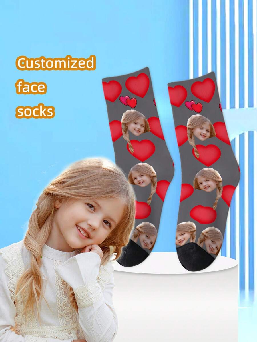 1 Pair Customized Face Design Mid-Calf Socks For Girls And Boys, Personalized Teenage Socks With Photo, Fun Customized Image Mid-Calf Long Socks For Kids, Suitable For Daily Wear, Holidays, Birthdays, And Other Occasions