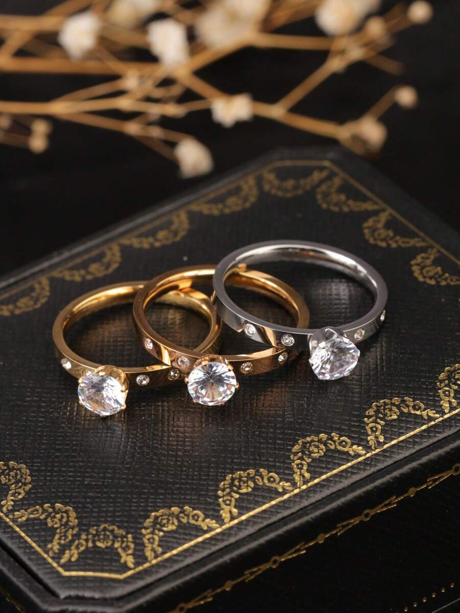 1 pieza Anillo con forma de corona incrustado con gran cubic zirconia, de acero de titanio de color oro/oro rosa/plata, de estilo personalizado y de moda, adecuado para uso diario de mujeres y como regalo para fiestas