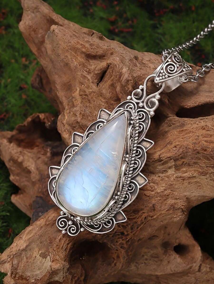 1PC New Fashion Moonstone Teardrop Box Pendant Necklace Stylish Everyday Jewelry Gift