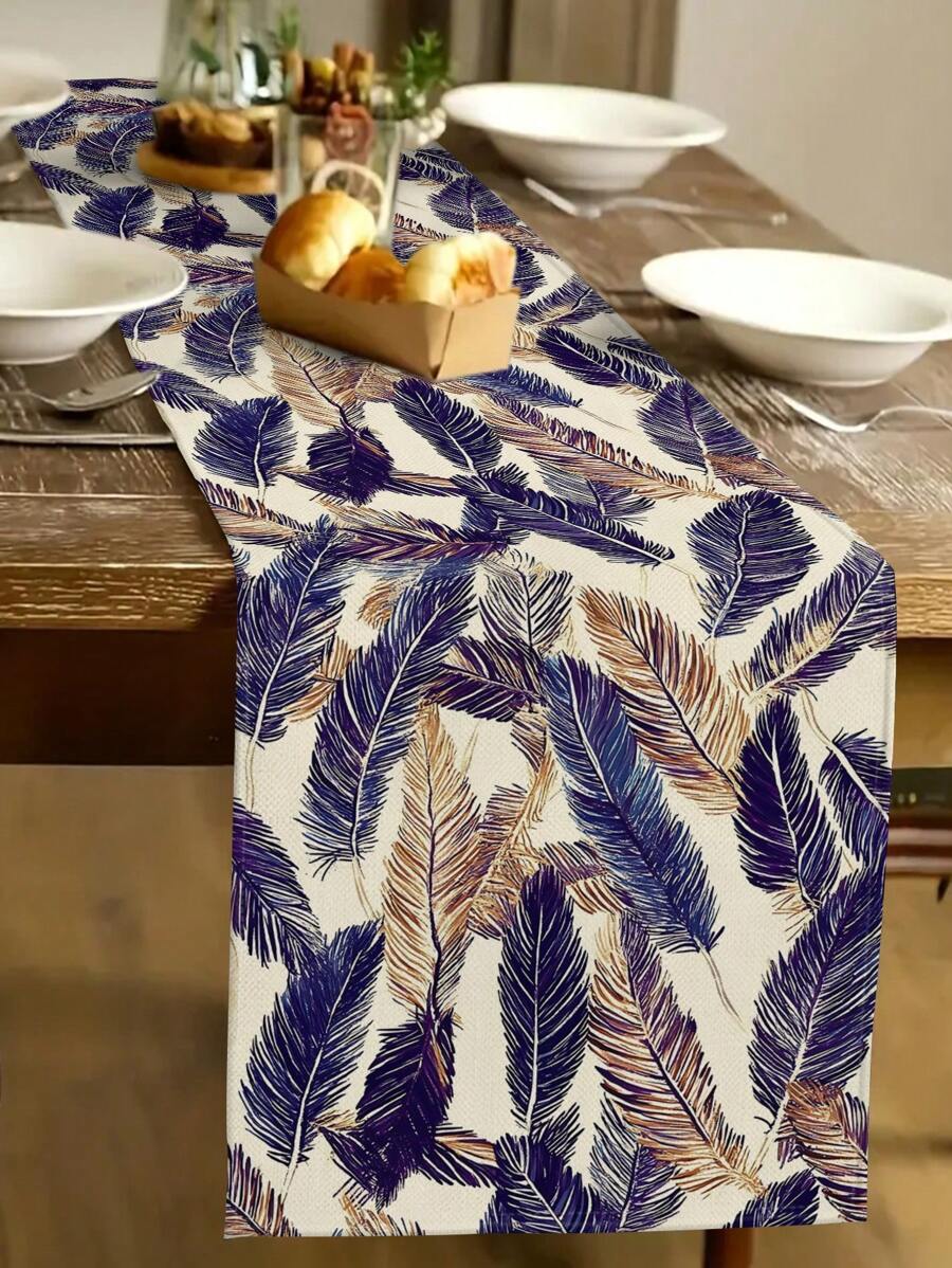 1pc Feather Pattern Table Runner, Daily Home Decor Table Runner, Home Decoration Indoor/Outdoor Party Supplies, Room Decor. Suitable For Daily Home Kitchen Decor And Event Party Decoration