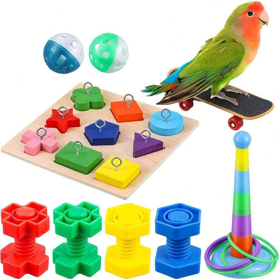 9PCS Papegaaienspeelgoed Bureau Training Speel Intelligent Interactief Belspeelgoed Geschikt voor Kleine & Middelgrote Papegaaien, Inclusief Skateboard, Ringen, Kauwspeelgoed