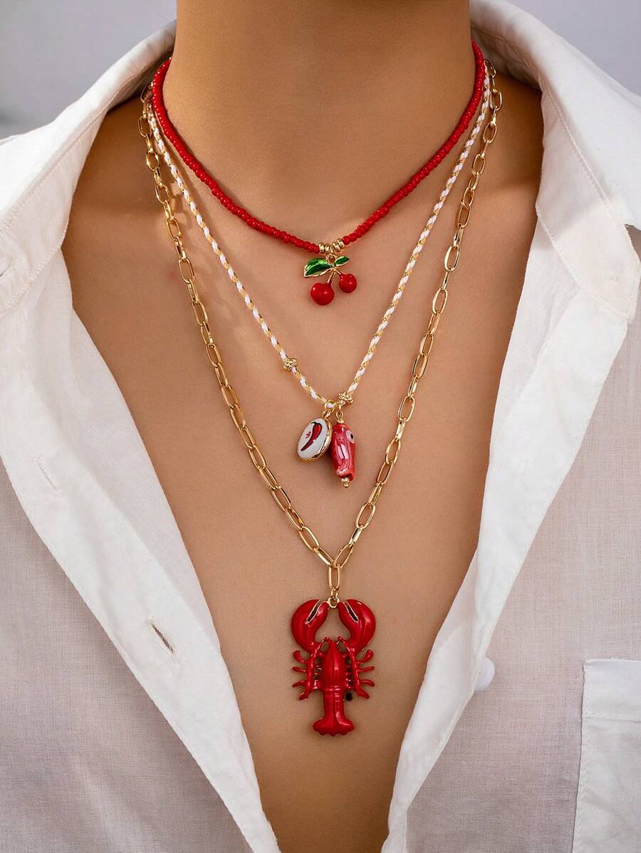 1 pieza Collar bohemio de verano con colgante de cereza, pez, langosta o cangrejo de río, accesorio de joyería para playa y viajes para mujeres