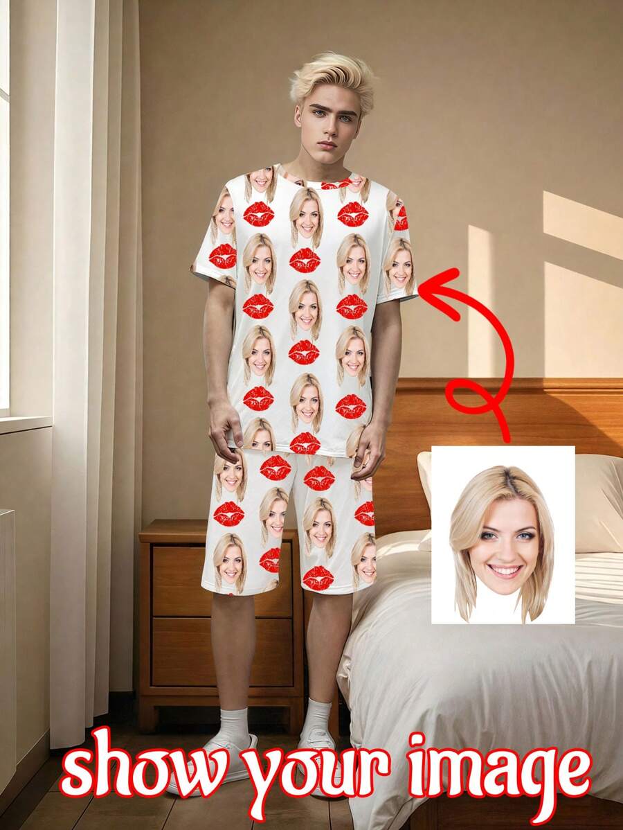 Conjunto de pijama de manga corta personalizado para hombres, con foto retrato personalizada, regalo, novedad, primer plano grande, reemplazo de rostro, tela liviana de secado rápido y cómoda, regalo para amigos/pareja, regalo de fiesta/cumpleaños, colorido, lindo, adorable