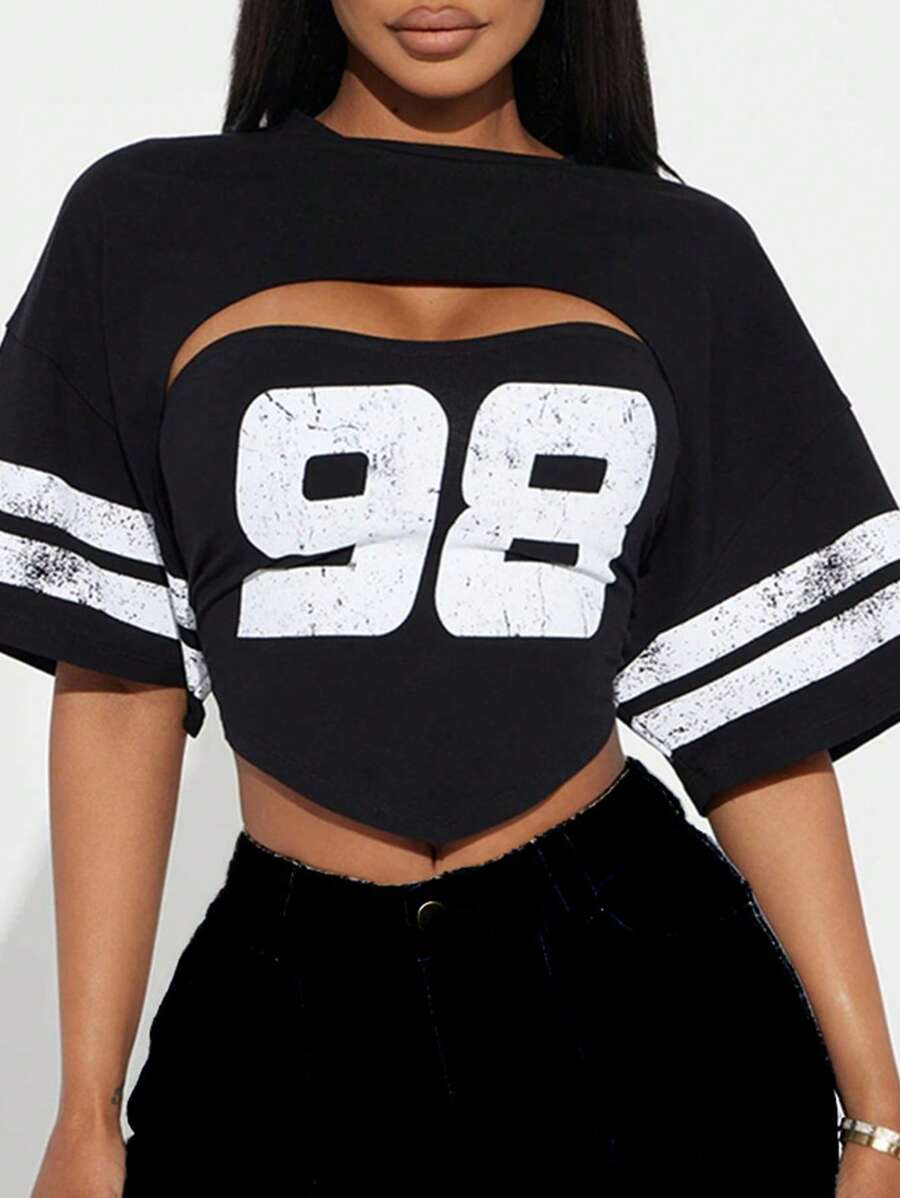Ensemble décontracté d'été pour femmes - Top bustier ample de style sportif avec imprimé et T-shirt à manches courtes. Tenue sport outdoor style hip hop