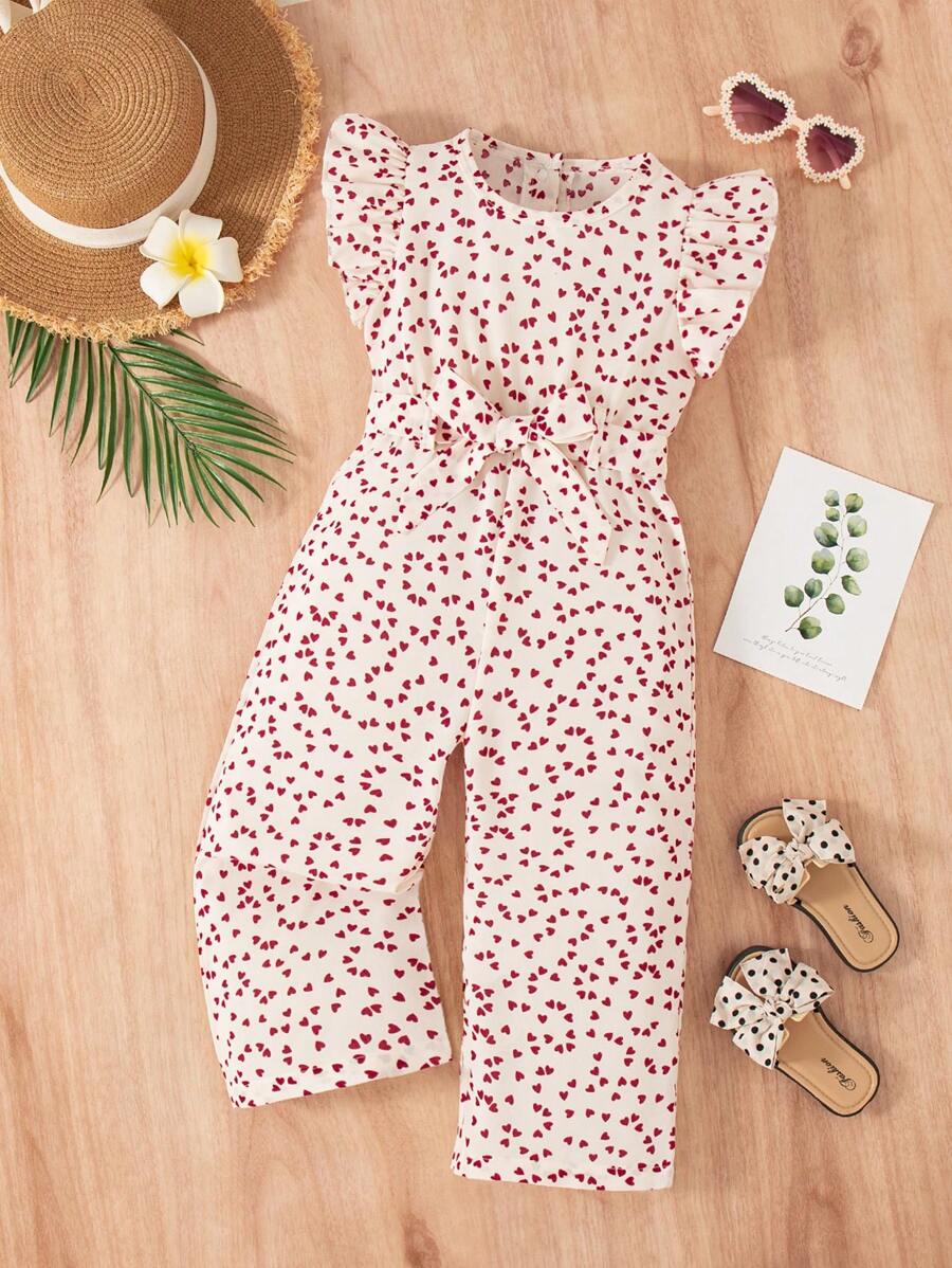 Young Girls Fashion Heart Print Ruffle Trim Sleeveless Jumpsuit + Belt