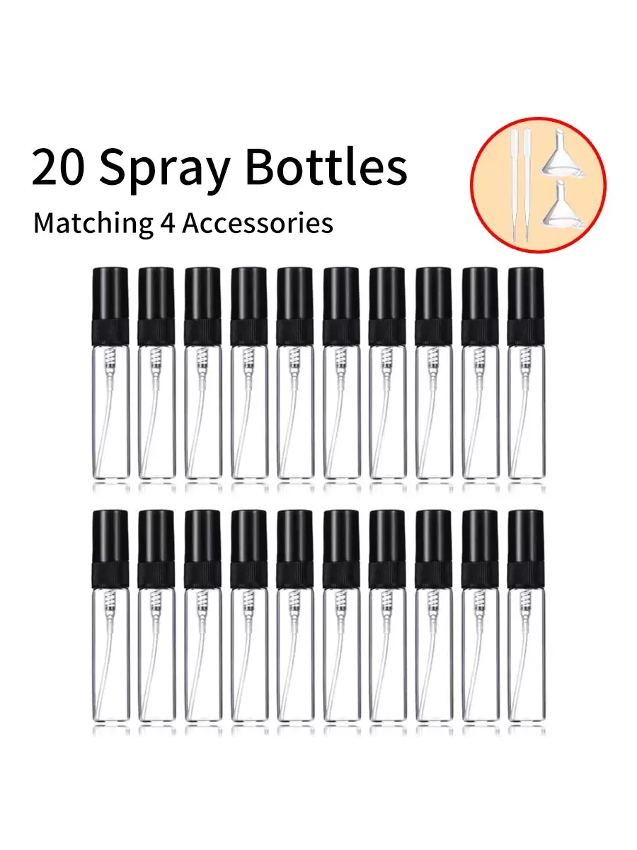 20pcs 10ml/5ml Mini Glass Black Cap Perfume Spray Bottles, Includes 4 Accessories - 2 Funnels, 2 Droppers, Suitable For Decanting Perfumes, Easy To Carry, Airplane-Friendly