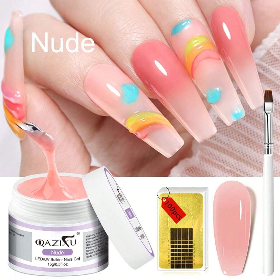 QAZIXU Nude Color 15g Acrylic Uv Extension Nail Gel Pink Extending Varnish Gel Repair Broken Nails Builder Manicure Polish Gel Include :Free 100PCS Nail Forms And Acrylic Nail Brush Pen For Gift Professional Salon Nail Art Kit