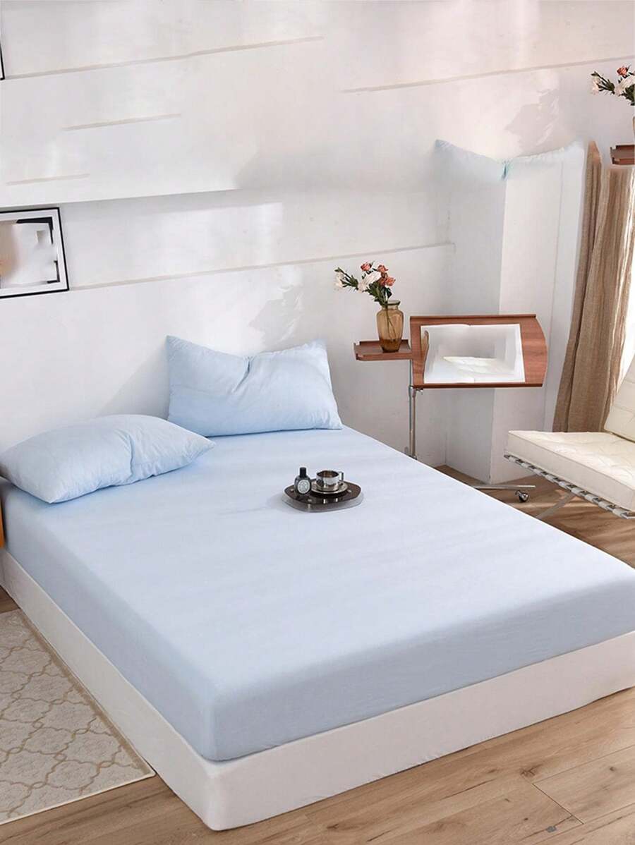 1 Set 3pcs Light Blue Soft Cotton Fitted Sheet Set, Suitable For Bedroom, Guest Room