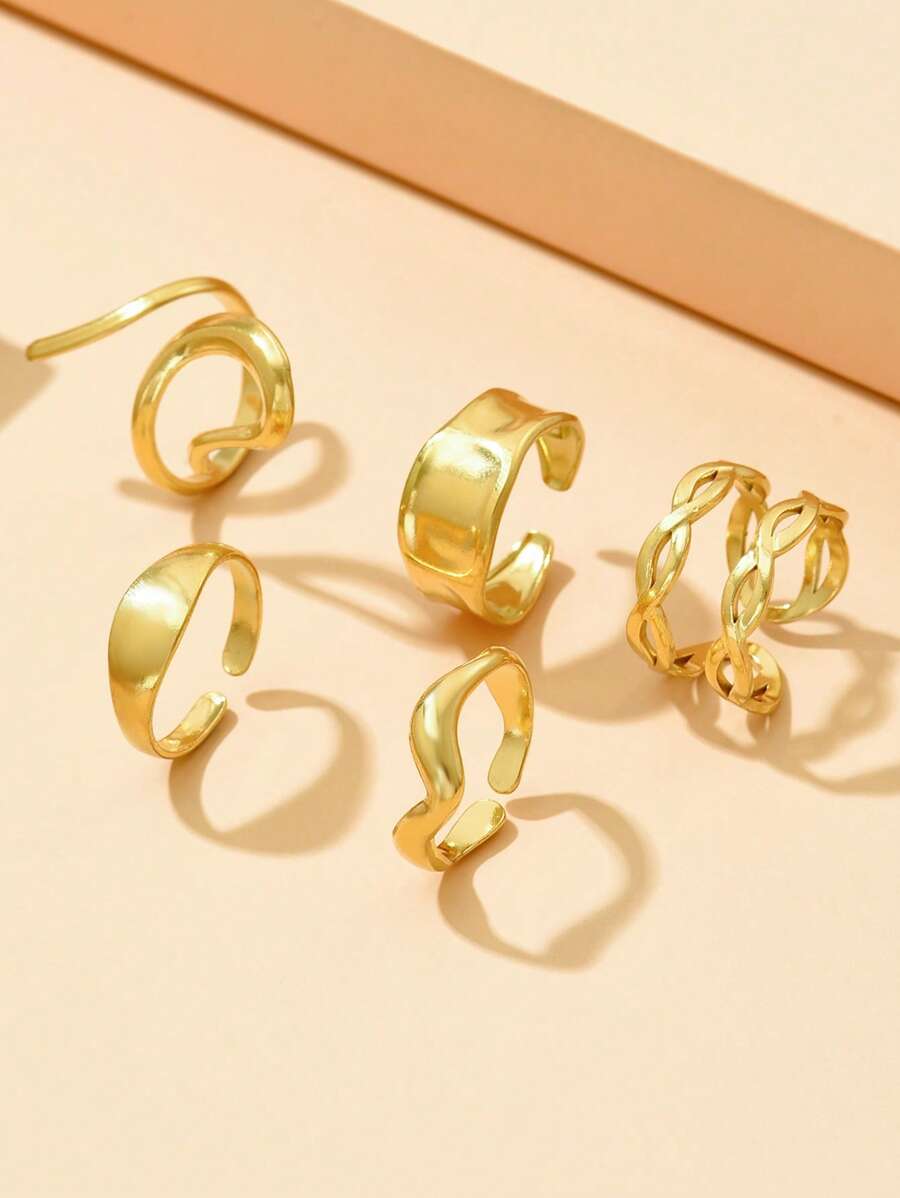 5 Stücke/Set asymmetrischer offener Boho-Stil Ring Set, verstellbare Ringe aus rostfreiem Stahl mit luxuriösem metallischen Gefühl, 18k vergoldet, nicht verblassender Schmuck für Frauen, zum Tragen auf Partys