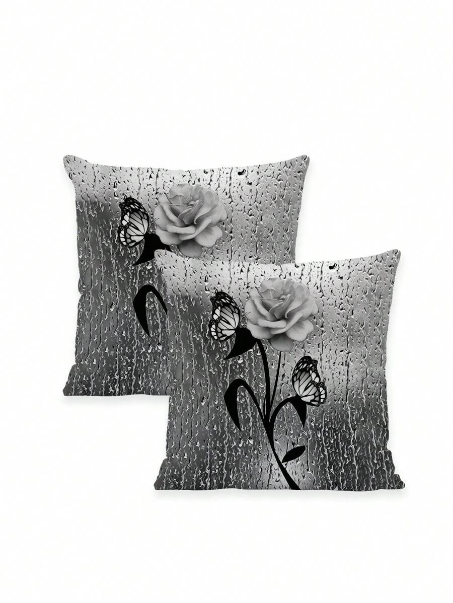2Pcs Modern Art Throw Pillow Cover Silver Grey With Black Leaves And White Rose Pattern Pillow Cover Decor Square Sofa Living Room Bedroom Bed Sofa Chair Cushion Cover