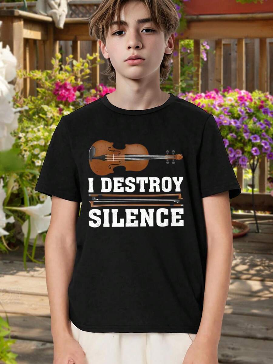 Kids' Funny Music Lover Violin T-Shirt - I Destroy Silence - Boys Girls Teen Sizes Perfect Gift For Young Musicians Black Cotton Tee
