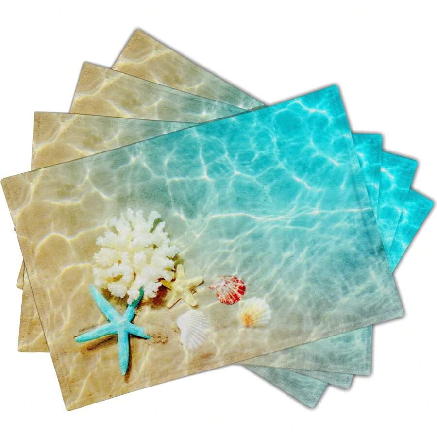 Juego de 4 piezas, juego de 6 piezas decoración de mesa de comedor para primavera, verano, vacaciones, serie oceánica, manteles individuales con estampado de conchas adecuados para decoración de mesa de fiesta en el hogar y cocina