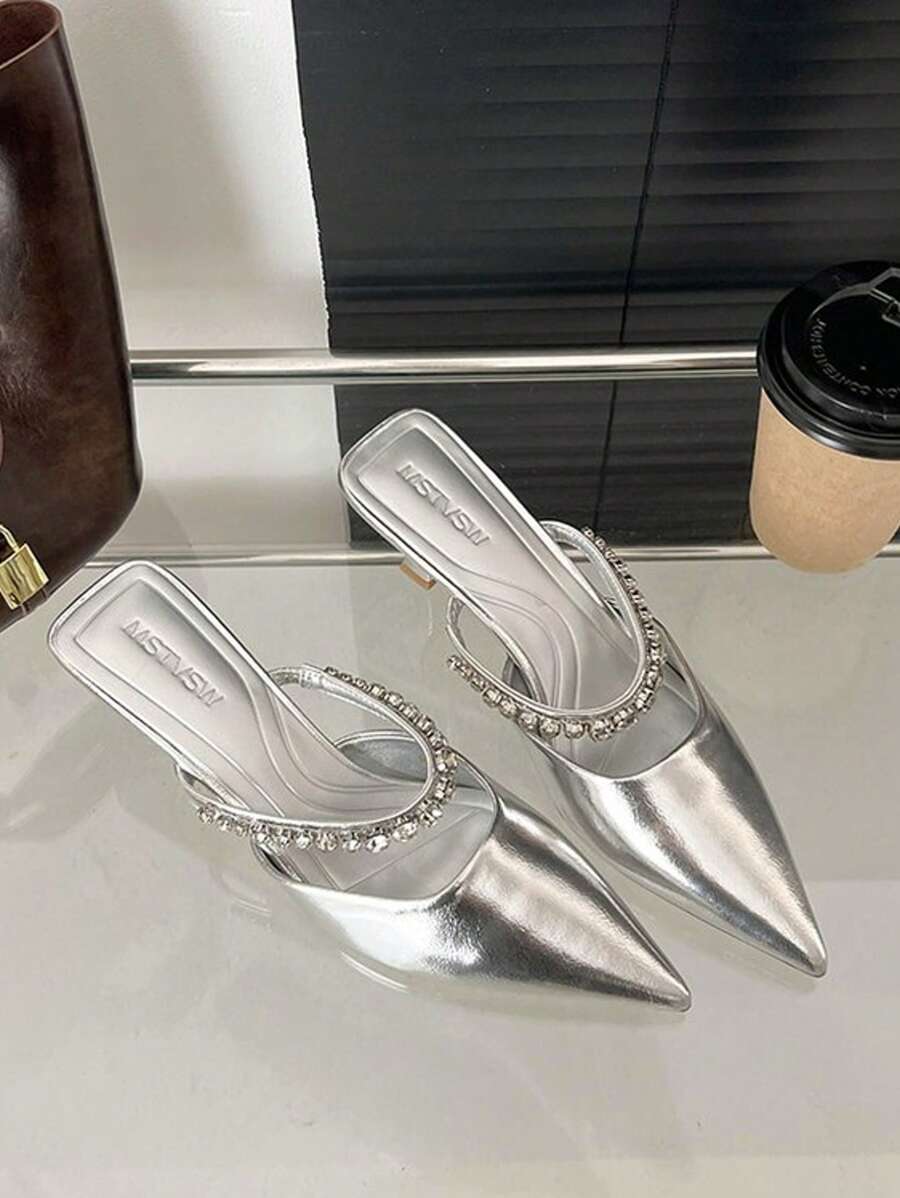 Plus Size Rhinestone Puntige Teen Hoge Hakken, Zwart/Zilver, Nieuw Binnen 2025, Bandjes Muiltjes Sandalen, Feeën Stijl Slip-On Schoenen Voor Vrouwen