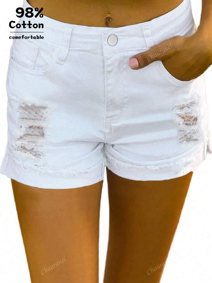 Summer Casual Solid Color Distressed Cuff Denim Shorts