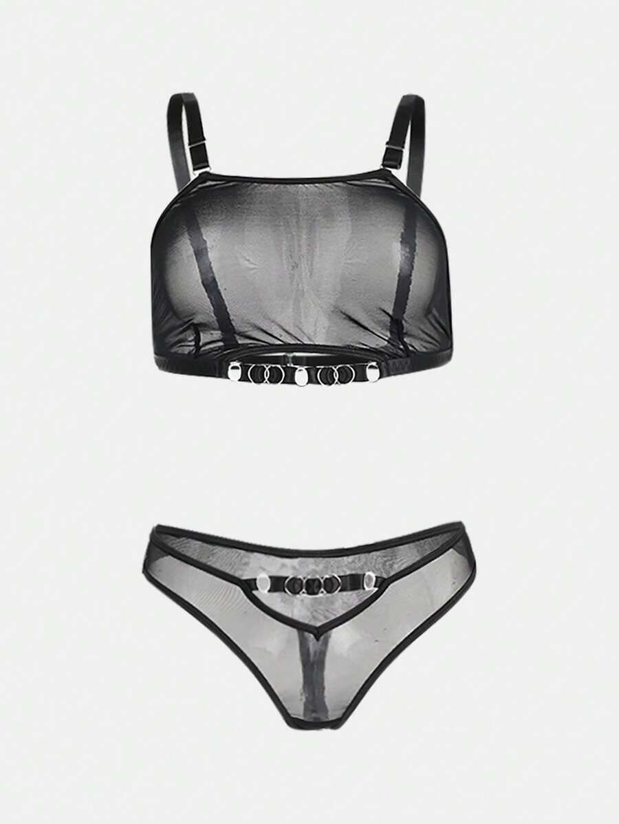 Lencería sexy para mujer, conjunto de 2 piezas de sujetador con embellecimiento de círculo en el cuello, de corte hueco, apta para uso en clubes nocturnos y espectáculos