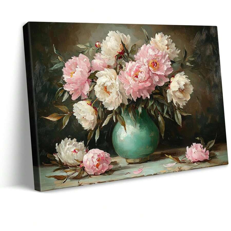 1pcs Vintage Flower Canvas Wall Art Retro Floral Painting In A Green Vase Pink Peony And Botanical Print Farmhouse Framed Decor For Bedroom Kitchen Entryway