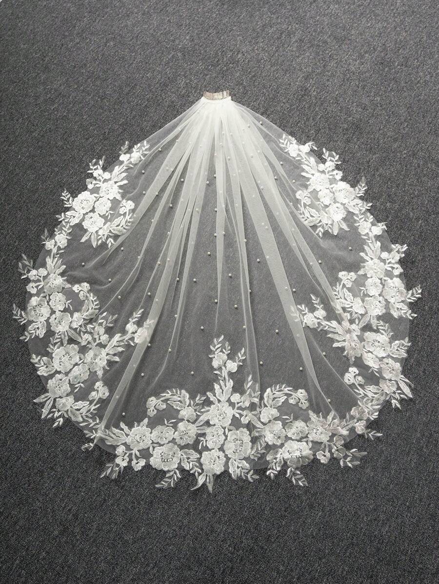 1 Pc Pearl Fingertip Length 37.4inch(95cm) Lace Floral Wedding Bridal Veil With Metal Comb For Wedding Party White Ivory