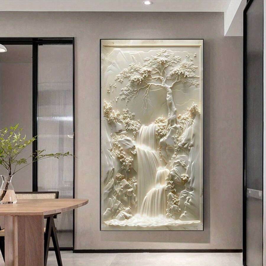 1pc Large Canvas Art Print Serene Waterfall And Tree Landscape, Unframed Modern Wall Decor For Living Room, Bedroom Realistic Nature Scene Poster, Ideal Home Decoration Gift, Canvas Wall Art Gifts Birthday Graduation