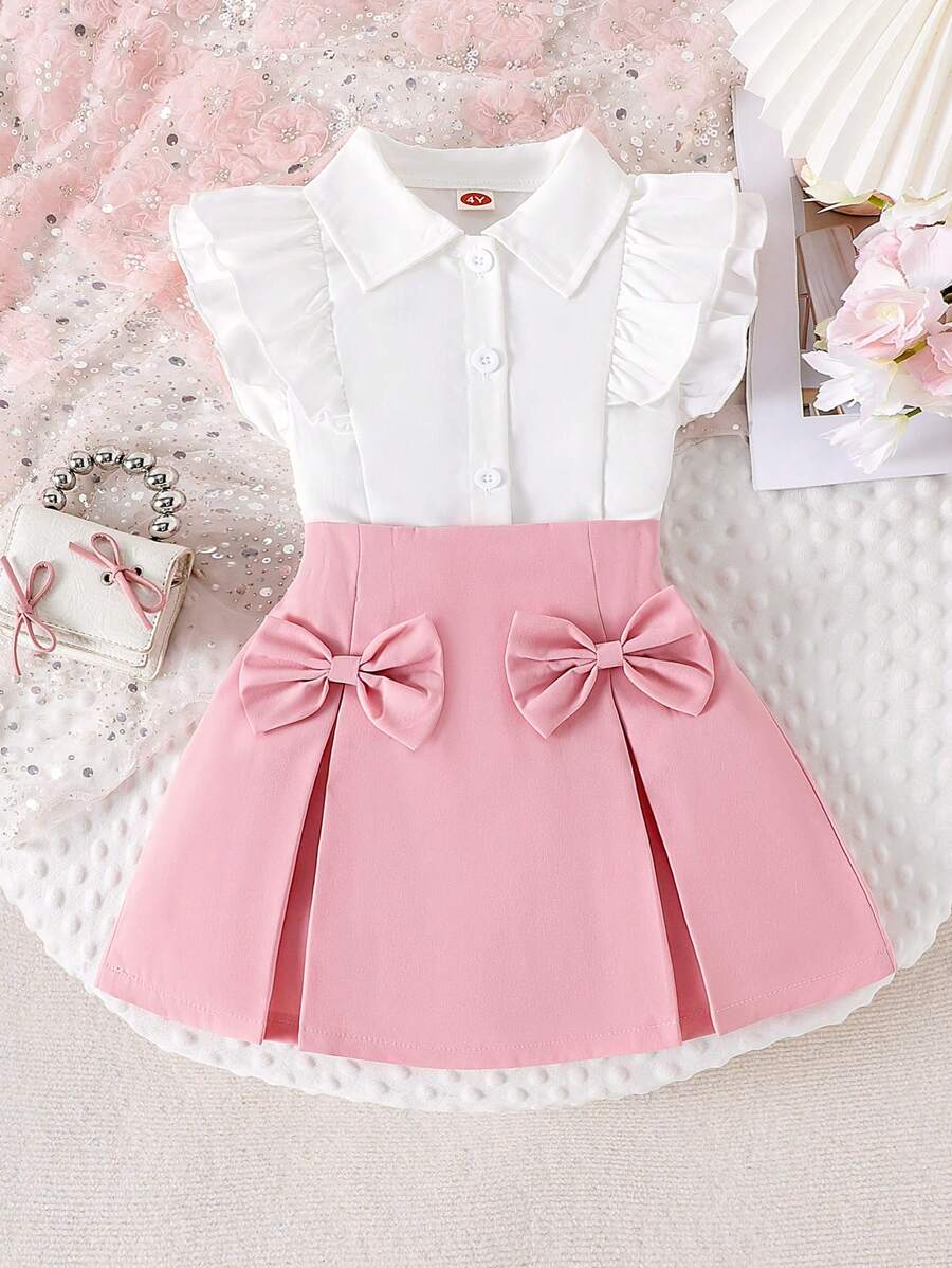 Set de 2 piezas con blusa sin mangas con volantes y falda con decoración de lazo, atuendo veraniego para niña