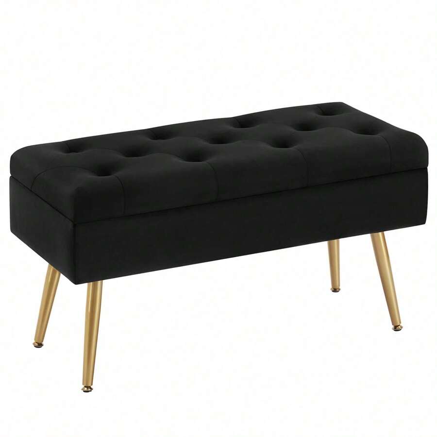 Storage Bench Modern Entryway Bench End Of Bed Bench Ottoman Upholstered Velvet Bedroom Benches For Foot Of Bed Tufted Bench Footrest Stool With Golden Legs 32" Black