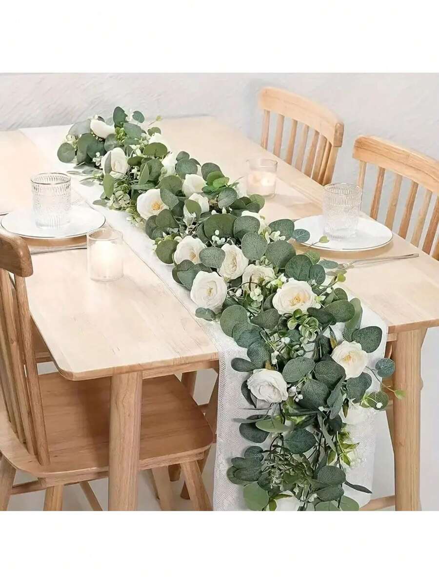 3pcs Artificial Eucalyptus Wreath With Roses And Peonies, 70-Inch Plastic Floral Decor For Wedding, Party, Indoor And Outdoor Wall Decoration, No Power Needed, Featherless, Multipurpose, Suitable For Christmas, Halloween, Thanksgiving, Valentine's Day, Outdoor Decor Gifts Birthday Graduation
