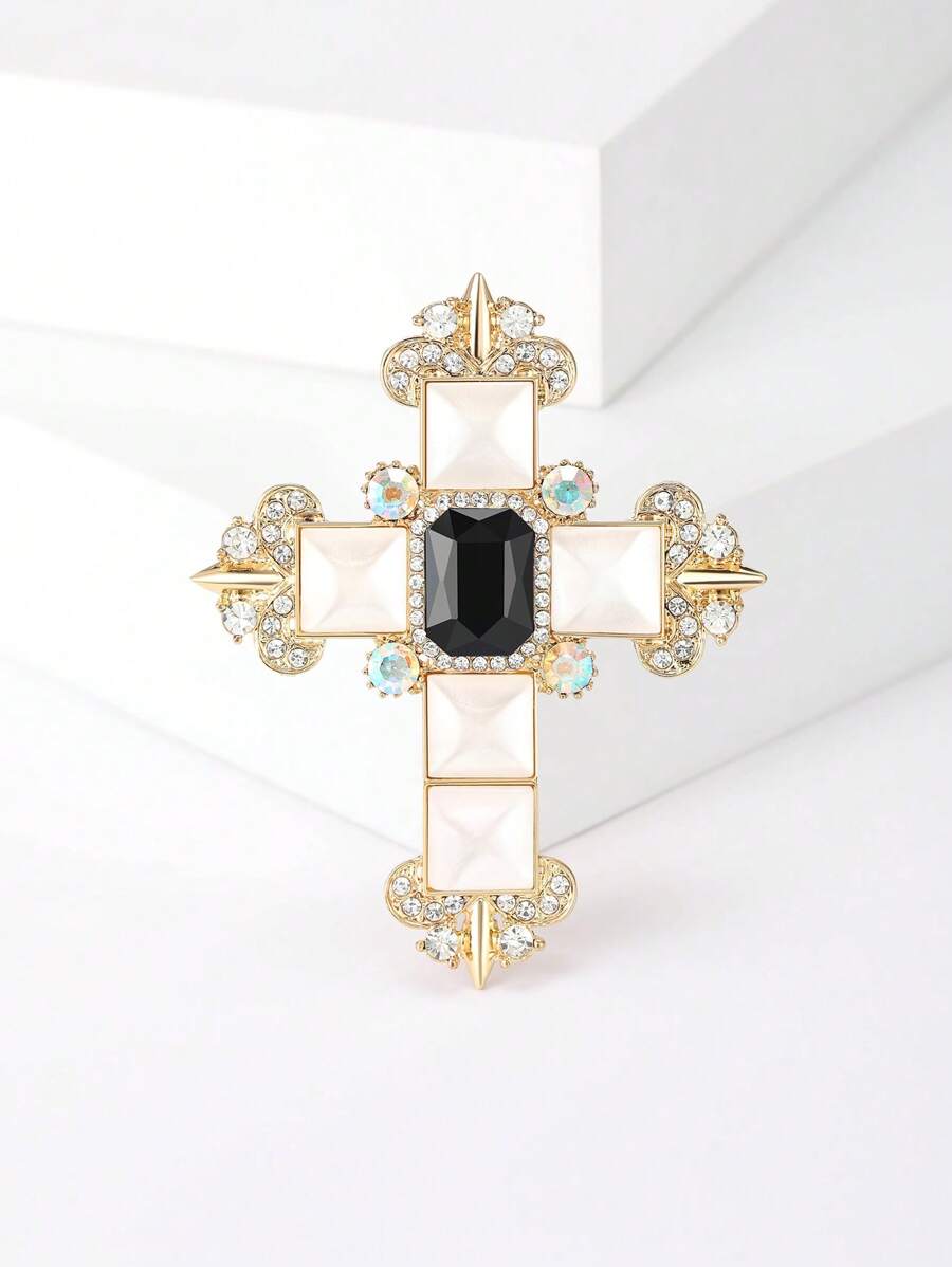 Fashionable Rhinestone Cross Brooch For Women Dress Suit Pin Accessories Party Banquet Gift