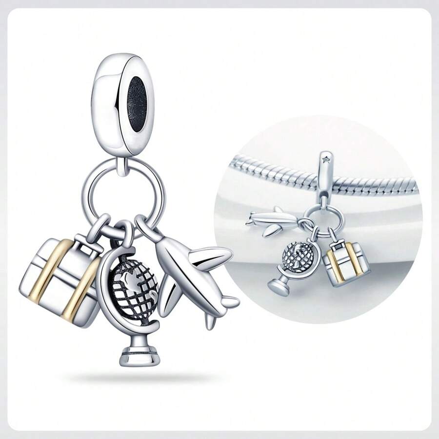 1 pieza Dije colgante de plata de ley 925 con diseños de globo, avión y maleta, apto para pulseras, brazaletes, collares y cuentas originales para hacer joyas DIY como regalo