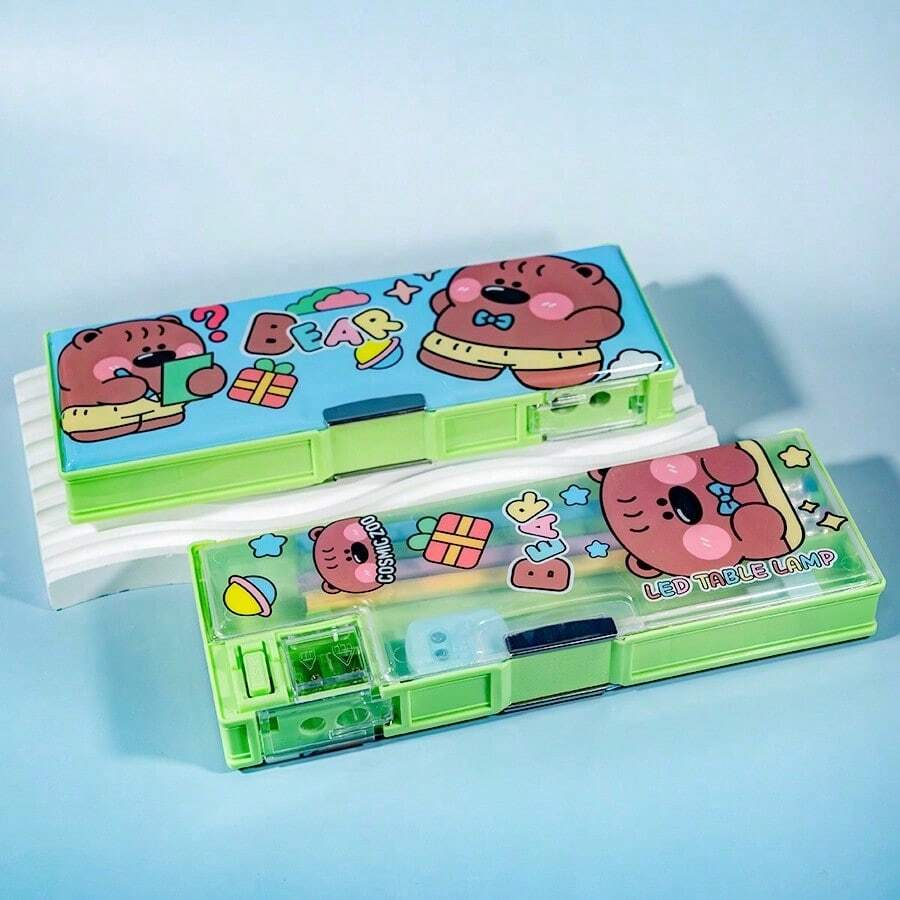 1 pieza Nueva caja de papelería con diseño de dibujos animados, herramienta de estudio con luz nocturna + caja de almacenamiento con múltiples compartimentos, gran capacidad, diseño de doble capa, caja de almacenamiento multifuncional, útiles escolares, estuche de lápices, mochila escolar