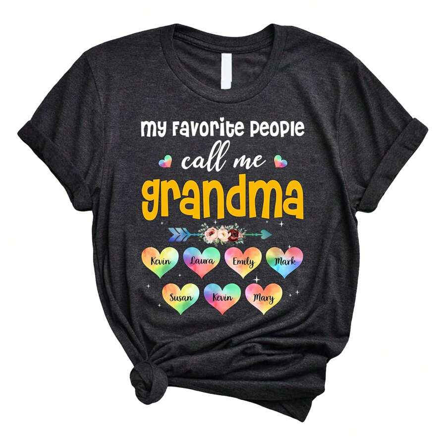 Personalized My Favorite People Call Me Shirt For Grandma Nana Mimi, Mother's Day Shirt For Grandma With Grandkids Mother's Day Women's T-Shirt, Women's Summer Casual T-Shirt, Soft And Comfortable Slightly Stretching, Street Hip Hop Cute Style, Casual Short Sleeve Tee