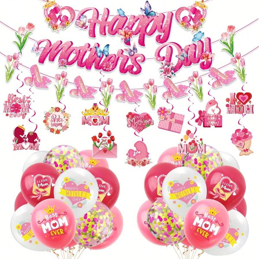 Mother Day Party Decorations, 34Pcs Mother's Day Decorations For Office Include Happy Mother Day Banner And Mother's Day Decorations Hanging Swirls, NO-DIY Glitter Happy Mother's Day Decorations Outside