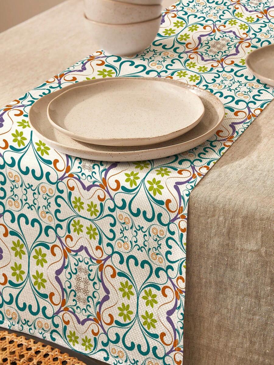 1 pieza Camino de mesa de lino con estampado floral geométrico bohemio pintado a mano, adecuado para días festivos, fiestas, cumpleaños, cenas, decoración de mesa de comedor, cocina, gabinete, decoración de habitación para todas las estaciones
