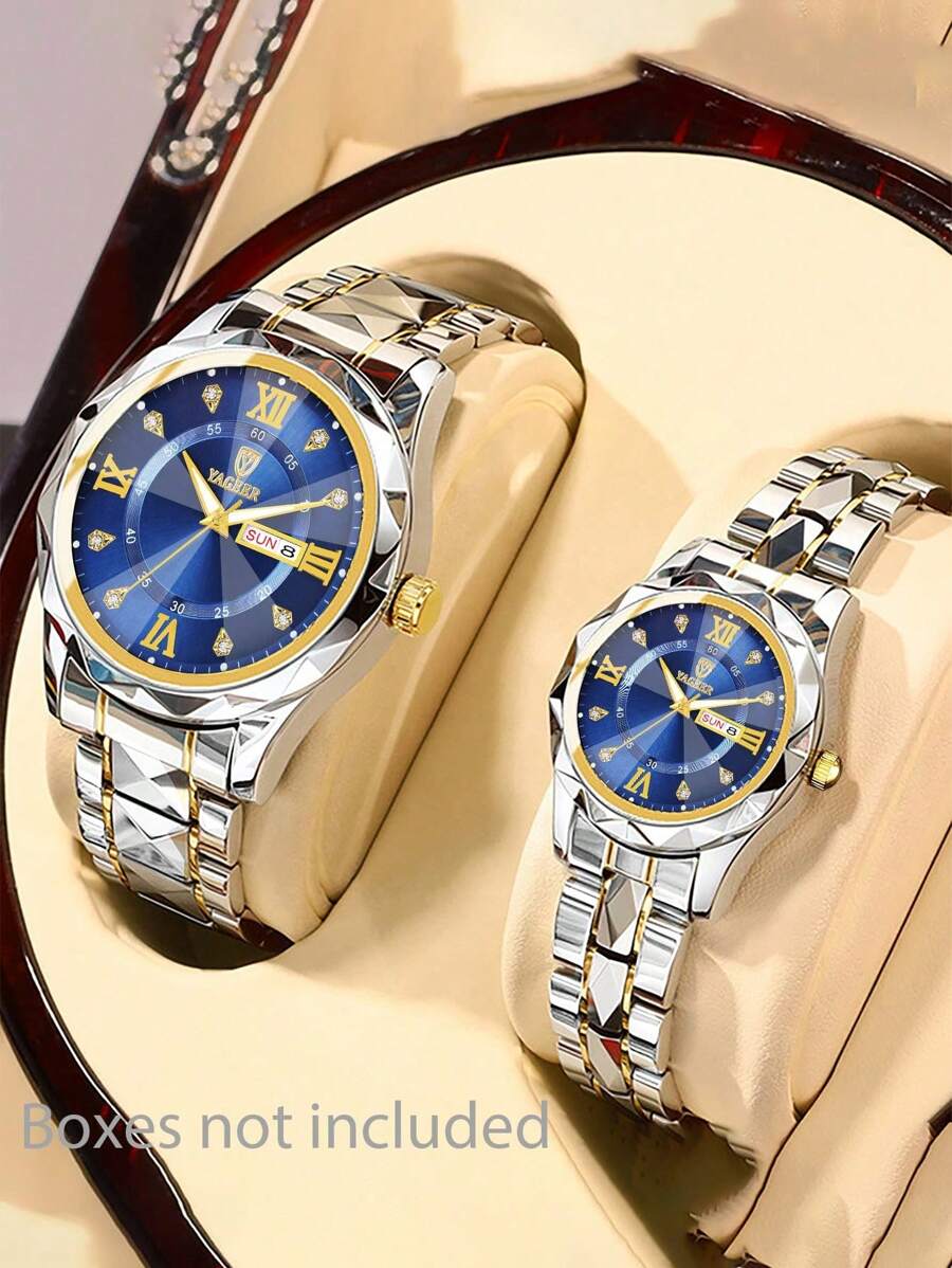 2 pièces/Set Montres de couple hommes femmes en acier inoxydable, Cadran et bracelet en alliage avec double affichage calendaire, marqueurs serti de strass, montre-bracelet à quartz, cadeau de la Saint-Valentin