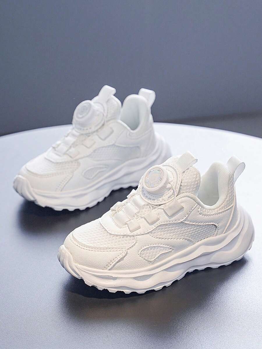 Zapatos deportivos blancos con botón giratorio para niños, zapatos de correr blancos lisos para adolescentes, nuevos zapatos de correr antideslizantes, transpirables de malla, resistentes al desgaste y ligeros para niñas, zapatos casuales cómodos para estudiantes para actividades interiores/exteriores, apropiados para días escolares y uso diario