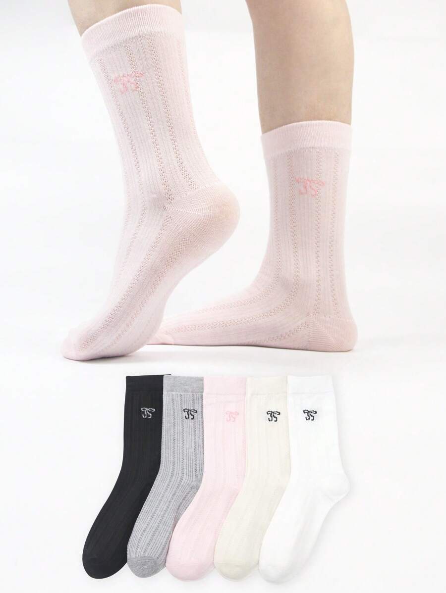 5 Pairs Ladies' Crew Socks, Cartoon Cute Solid Color Bow Design, Soft Comfortable Casual Fluffy Socks, Suitable For Daily Wear, Home, Office, Campus, Sports, All Seasons