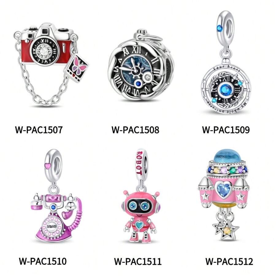 1 Piece Silver Plated Time Travel Camera Vintage Pocket Watch Telephone Time Gate Sweet Pink Robot Small Rocket Bead Pendant Suitable For DIY Jewelry Making Original Bracelet Necklace Beads Women's Jewelry Birthday Gift Valentine's Day Memorial Gift
