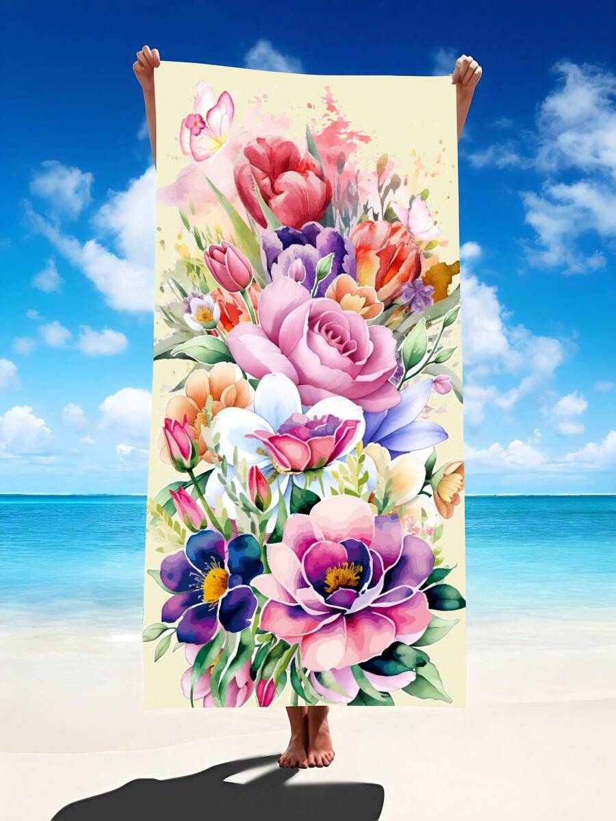 1pc Prachtige Bloemen Stranddeken, Extra Zachte Microvezel Extra Grote Strandhanddoek, Zeer Absorberende Badhanddoek, Geschikt Voor Reizen, Zwembad, Duiken, Surfen, Yoga, Kamperen, Verschillende Maten, Strandaccessoires Zomer, Vakantie