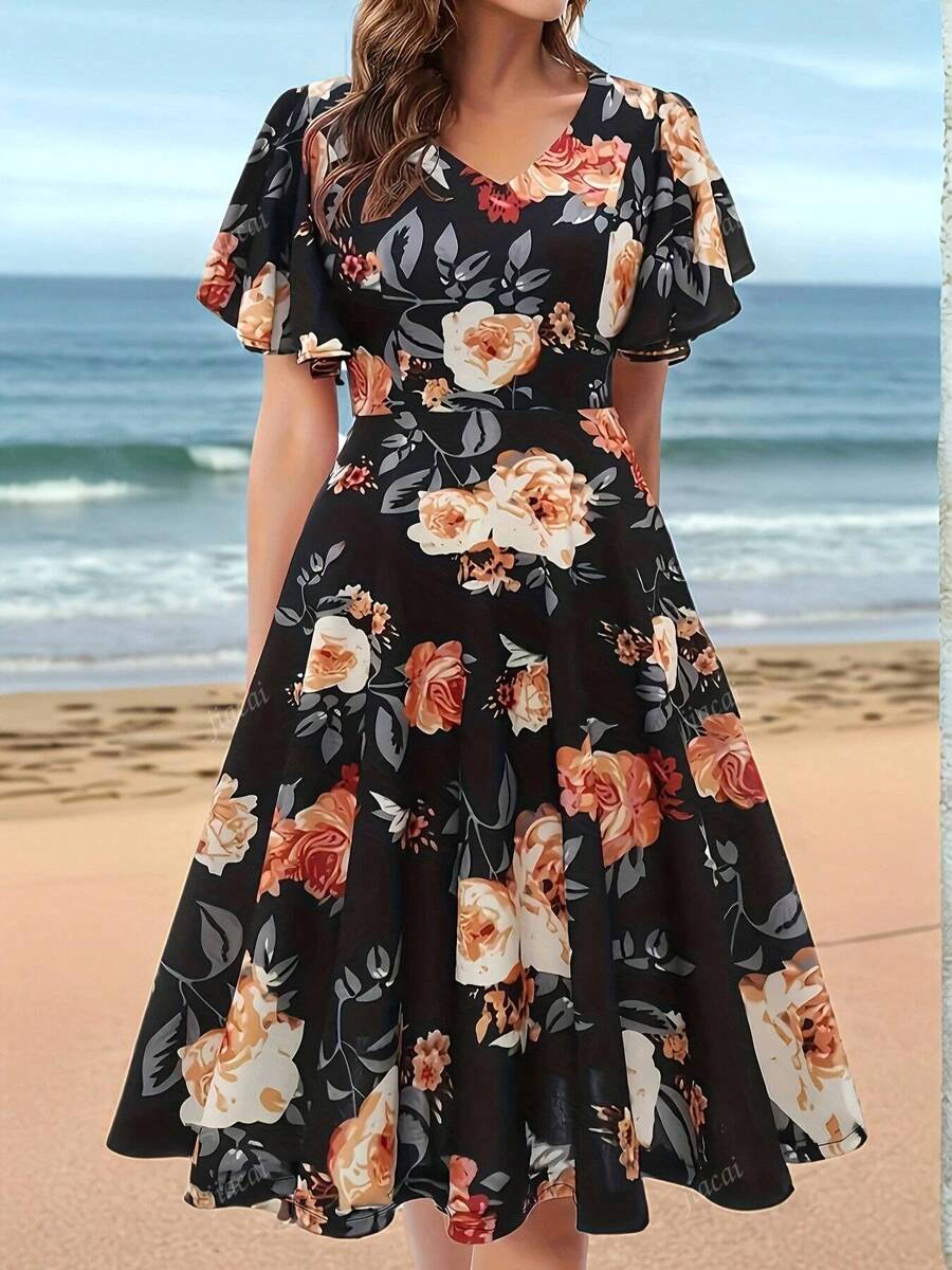 Plus Size Women Floral Print Flowy Sleeve Dress, Casual V Neck Waist Cinched Dress, Women Apparel