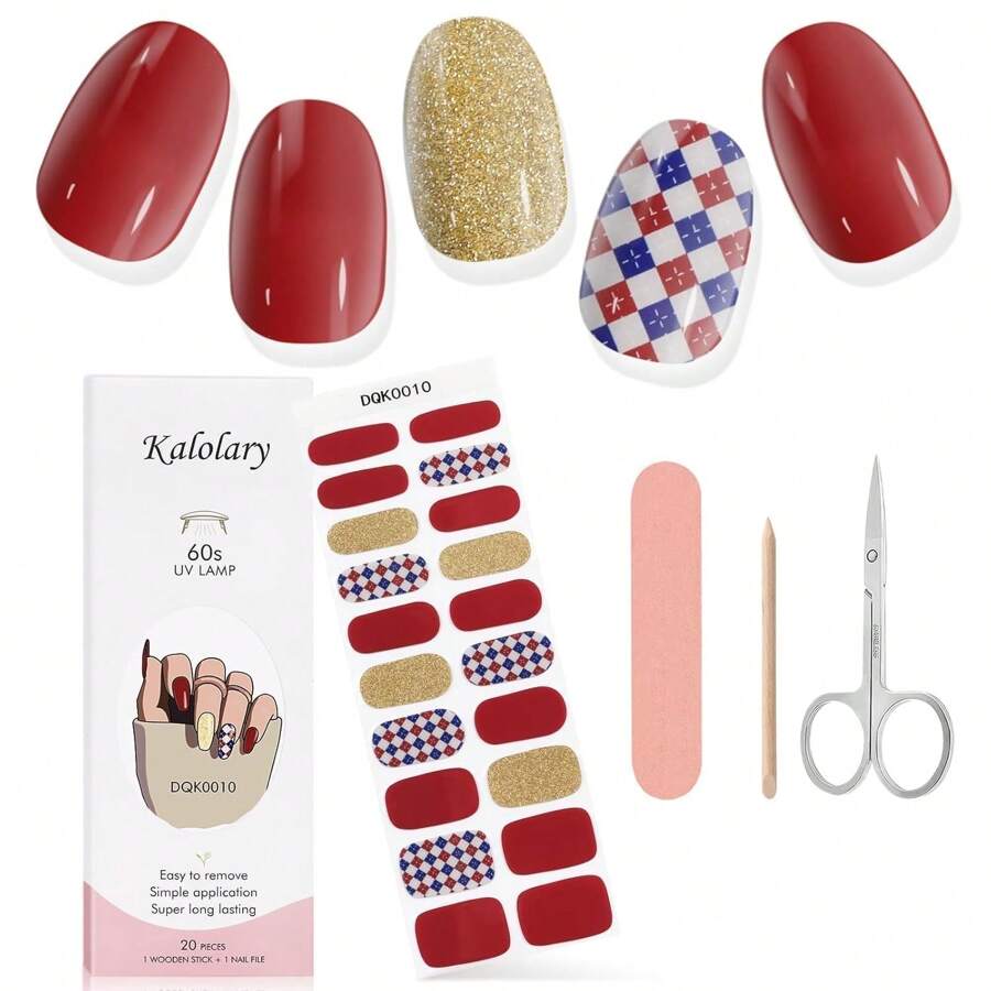 20pcs Gel Nail Strips, Semi-Cured Gel Nail Art Stickers, Waterproof Full Nail Art Decals Set For Nail Decoration